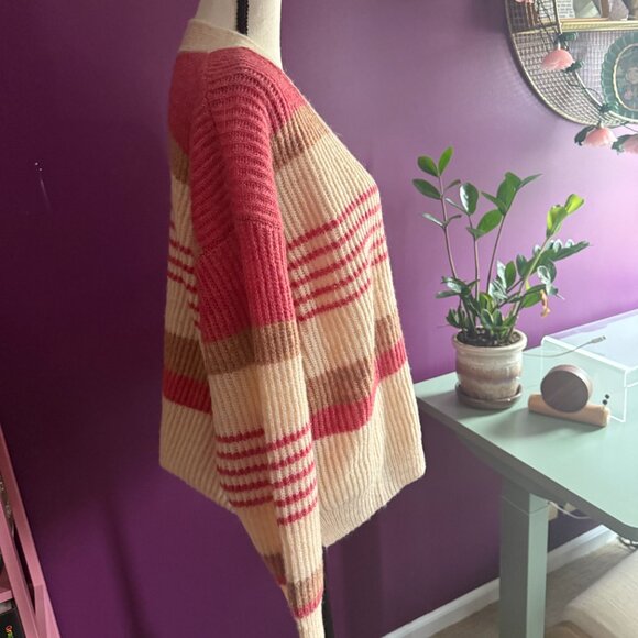 Botanik Studio Cream, Tan, and Rose Striped Cardigan Size L - Picture 3 of 6